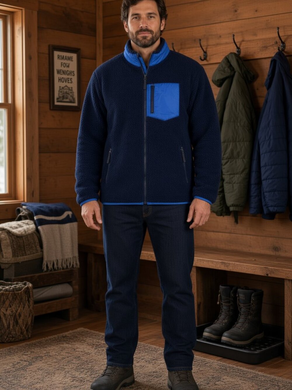 Pacific & Park Men Navy Teddy Full Zip Colorblock Jacket Pocket US XL